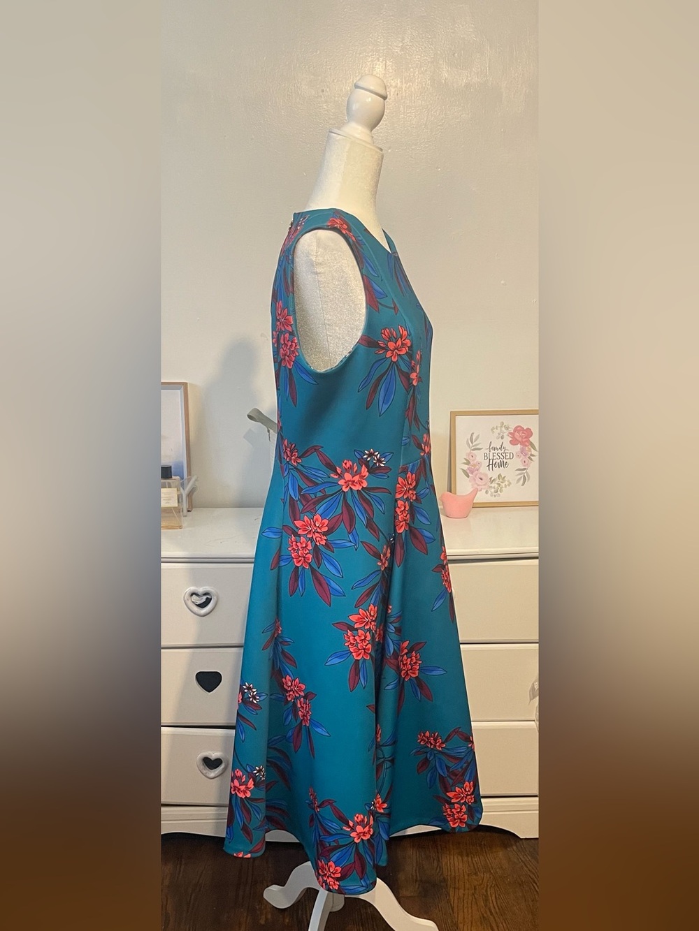 Calvin Klein  elegant Teal Floral V-Neck Sleeveless Maxi Dress size 14 - Picture 15 of 15